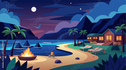 At night the resort transforms into a magical beach paradise with ling lights cozy fire pits and the sound of crashing waves in the background.