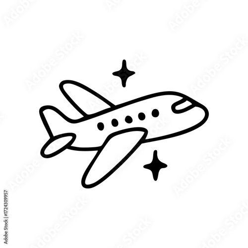 Simple black outline drawing of a cartoon airplane in flight, with stylized stars