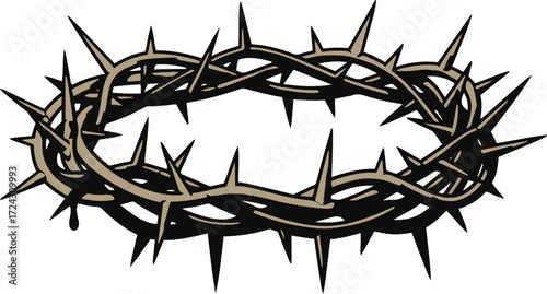 A detailed close-up depicts a crown of thorns, rendered in muted browns and grays. The individual thorns are clearly visible, exhibiting texture and varied lengths