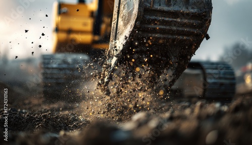 Excavator bucket digging in dirt