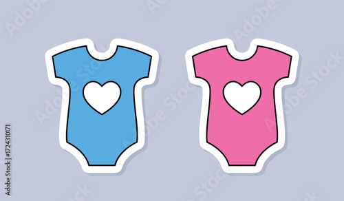 baby bodysuit sticker, blue and pink vector design elements for gender reveal party or baby shower decoration