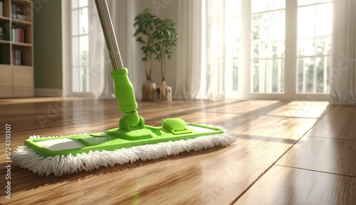 A green mop on a wooden floor. Sunlight streams in