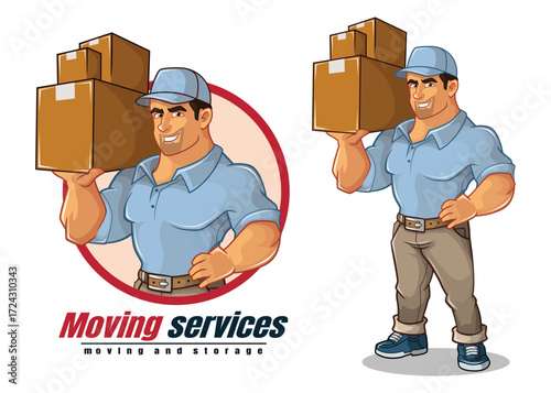 Cartoon Moving Services Icon – Delivery Man with Box Illustration