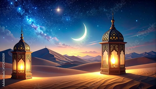 Desert landscape at night, illuminated lanterns, crescent moon, starry sky