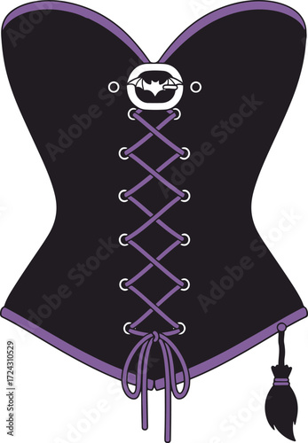 A detailed pixel art depiction of a black corset with intricate purple detailing and a silver clasp. The design features a classic silhouette and ornate patterns, showcasing a blend of vintage and mod