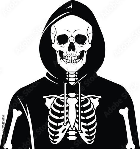 A striking pixel art illustration depicts a skeleton wearing a black hoodie, its ribcage visible beneath the garment. 