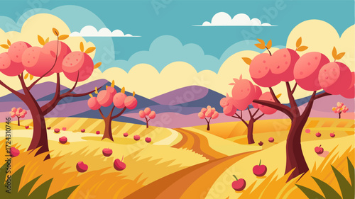 A serene countryside orchard dotted with blooming plum trees and surrounded by fields of golden wheat swaying in the breeze.