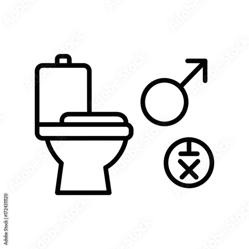 A line art illustration of a toilet with the male gender symbol and a crossed-out female gender symbol.