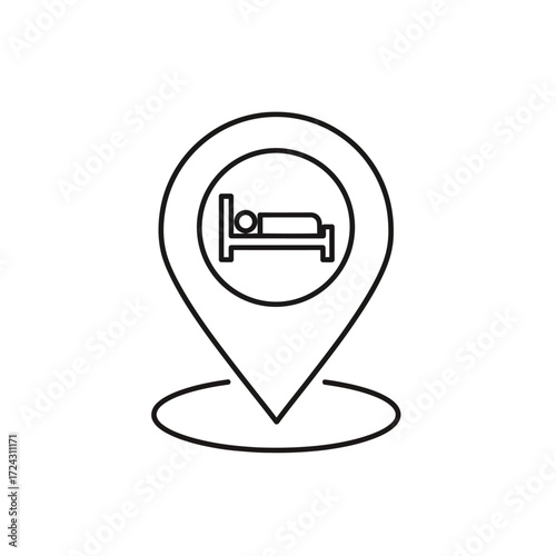 A simple line art icon of a map pin containing a bed symbol, indicating the location of a hotel or accommodation.