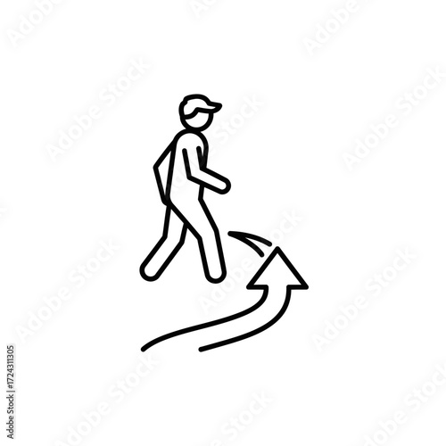 A simple line drawing depicts a person walking forward on a curved path indicated by an arrow.