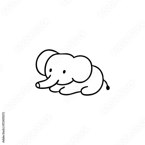 Simple black line drawing of a cute, lying down baby elephant