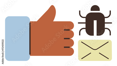 Thumbs-up hand next to a bug icon and envelope, balancing positivity and online security challenges. Ideal for feedback, cyber safety, phishing awareness, email, software bugs, communication