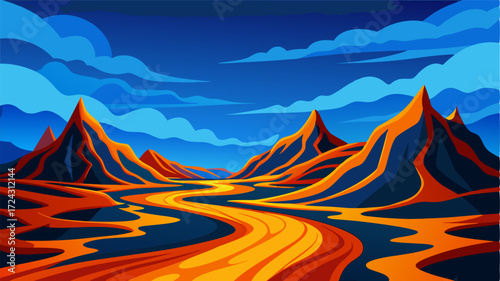 A surreal landscape of smooth and rippled lava fields as if the ground has been captured in a moment of constant motion. The vibrant blue sky above provides a striking contrast.