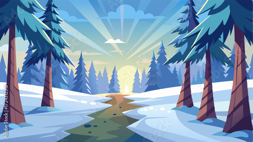 A tranquil clearing in the midst of a snowy pine forest with the sunlight peeking through the branches and illuminating the fresh snow.