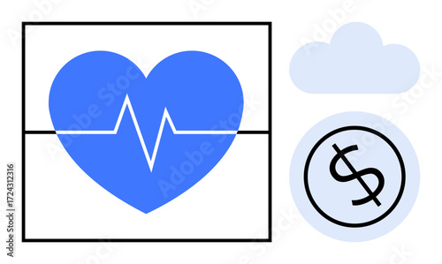 Blue heart with heartbeat monitor line, coin with dollar sign, and cloud. Ideal for healthcare, finance, insurance, wellness, cost-efficiency, digital transformation simple flat metaphor