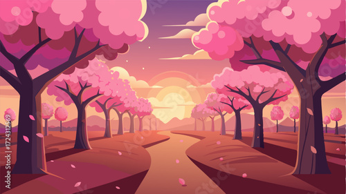 As the sunlight fades the cherry trees in this grove take on a dreamy quality casting a pink glow over the landscape.