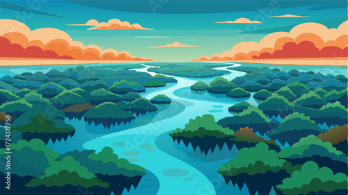 A stunning view from above with the vast expanse of the mangrove swamp stretching out into the horizon showcasing the vastness and importance of this ecosystem.