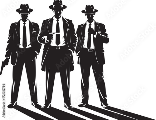 Three men in fedoras and suits with one holding a pistol casting long shadows group figures