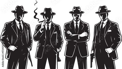 Four men in fedoras and suits one smoking a cigar group people