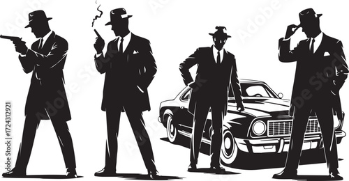 Four men in silhouette wearing fedora hats and suits next to a vintage car vector