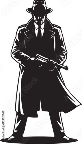 Black silhouette of a man in a fedora and trench coat holding a submachine gun black and white