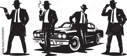 Four black silhouette men in suits and hats with a vintage car vector