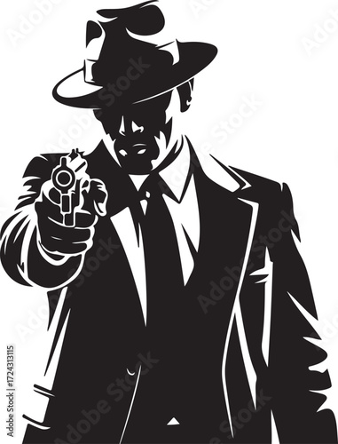 Man in fedora and suit aiming a handgun directly at viewer in stark black and white graphic style pistol