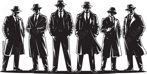 Six men in fedora hats and trench coats standing in a line group