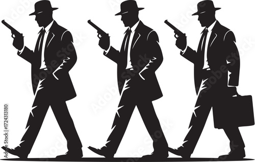 Three black silhouette men in suits and hats walking with guns and briefcase vector