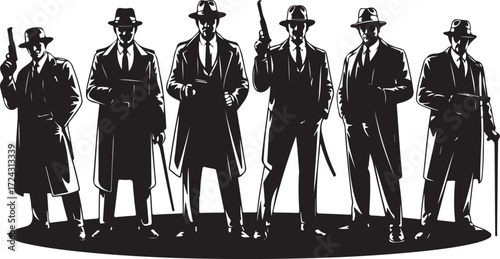 Six men in fedoras and trench coats holding guns and canes in silhouette gangster mafia