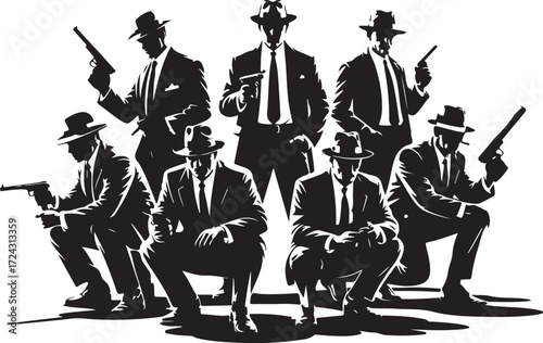 Group of seven men in fedora hats and suits holding handguns in various poses vector