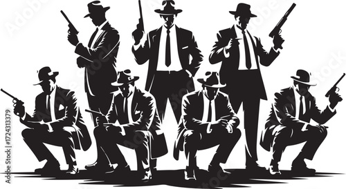 Seven men in suits and fedora hats holding handguns in various poses gangster mafia