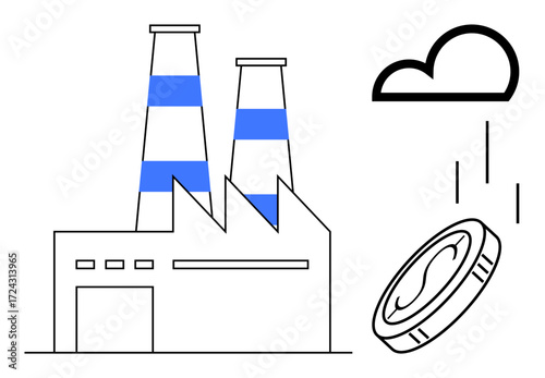 Industrial factory with striped chimneys emits conceptual elements as coin drops from cloud. Ideal for finance, eco-economy, industry, innovation, wealth, sustainability, and metaphorical thinking