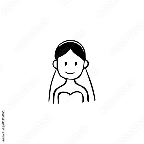 Simple black and white illustration of a bride with a veil