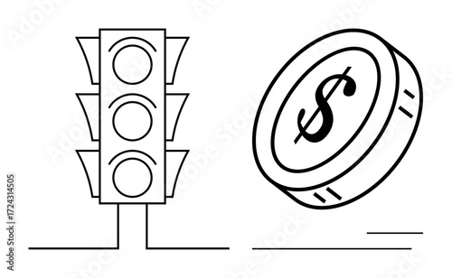 Traffic light alongside coin with dollar sign highlights balance of rules and money. Ideal for finance, economy, business strategy, investments, traffic planning, compliance, simple flat metaphor