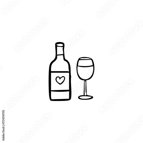 Simple black and white sketch of a wine bottle and glass with a heart design on the bottle