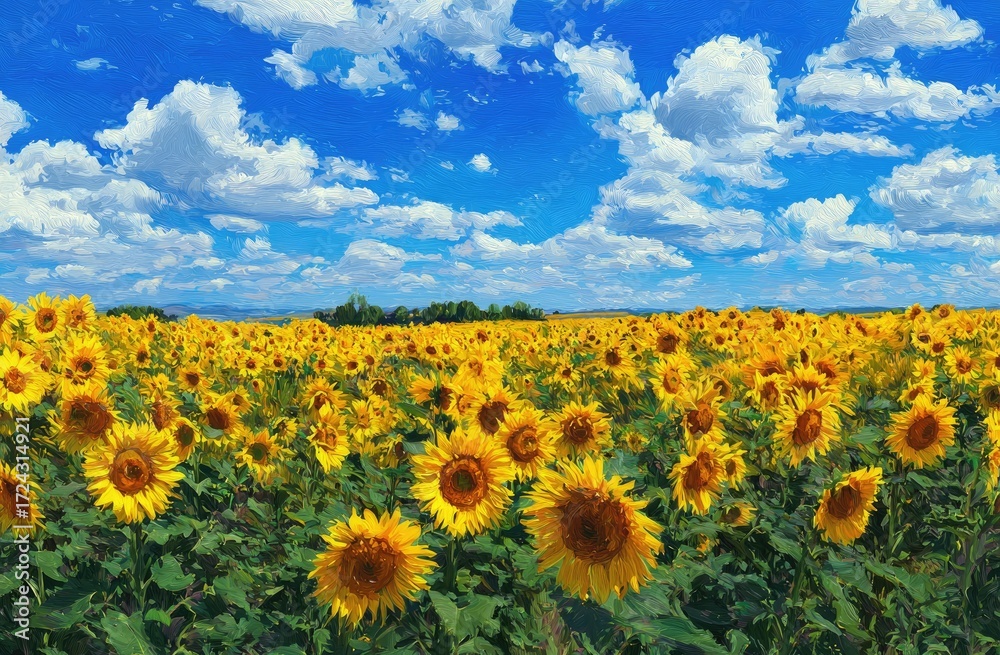 Fototapeta premium Panoramic Sunflower Field Under a Blue Sky