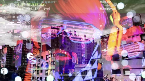 inner city housing with passing clouds and vr tech woman