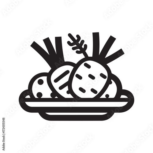 A collection of turnips and potatoes placed neatly on a simple serving plate, white background