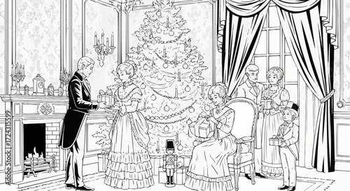 Christmas 2025 christmas victorian era family celebration coloring page christmas tree gifts fireplace drawing line art vector