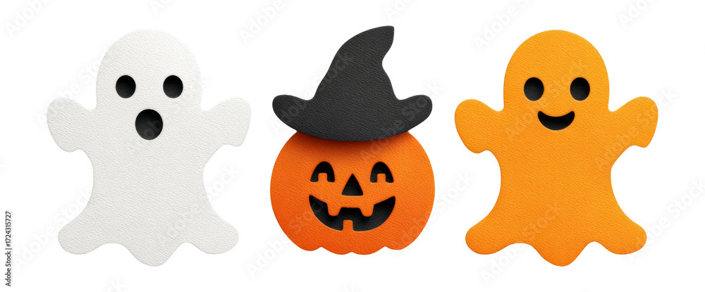 Fototapeta premium Cute Halloween Ghosts and Pumpkin with Black Hat on Transparent Background