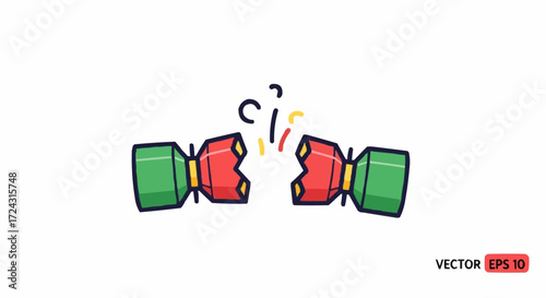Christmas 2025 illustration of christmas cracker being pulled apart for holiday celebration and party fun with confetti vector