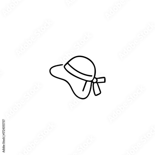Simple black line drawing of a women's summer hat with a ribbon and bow