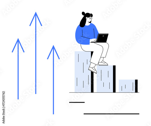 Wallpaper Mural Woman using laptop on ascending bar graph alongside three upward arrows, symbolizing growth, success, business development, financial progress, achievement, career growth. Ideal for progress Torontodigital.ca