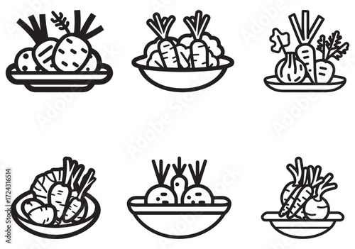 Black outline icons showcase turnips, carrots, and potatoes on plates against white background