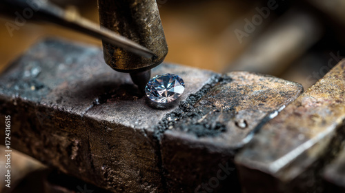 Obraz na plátne Shining diamond being precisely crafted on metallic workbench showcasing intricate details and shining facets reflecting light in artisan workshop environment