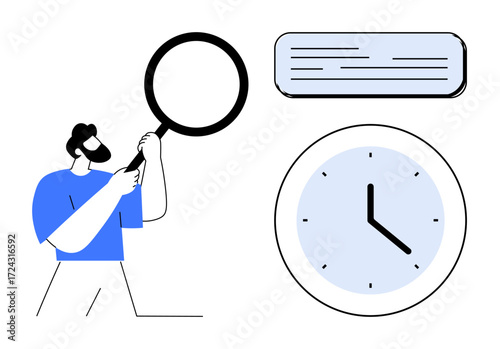 Man with magnifying glass examining text document alongside clock emphasizing analysis, research, and time. Ideal for productivity, focus, deadlines, organization, processes, efficiency simple flat