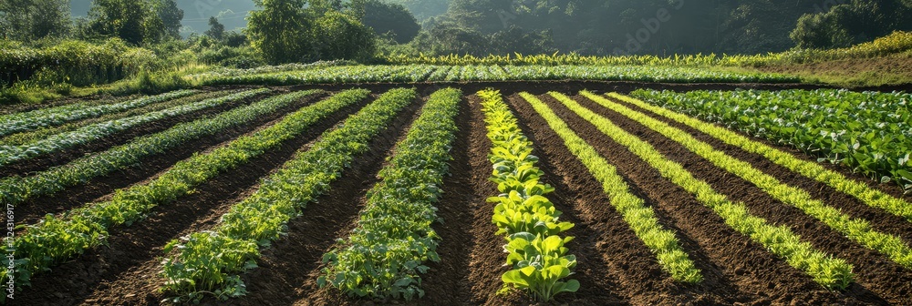 Fototapeta premium A field of vegetables with rows of green and yellow plants