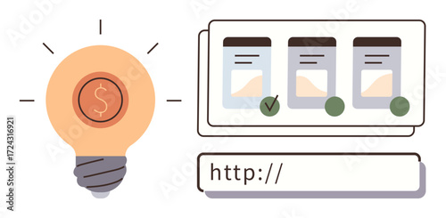 Light bulb with a dollar sign, three cards with checkmarks, and a web address bar. Ideal for creativity, innovation, online business, marketing, entrepreneurship technology and strategy. Simple