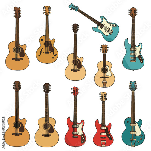 A carefully curated collection of various vintage guitars, presented in a clean flat 2D vector illustration style on a plain white background, evoking classic musical heritage.